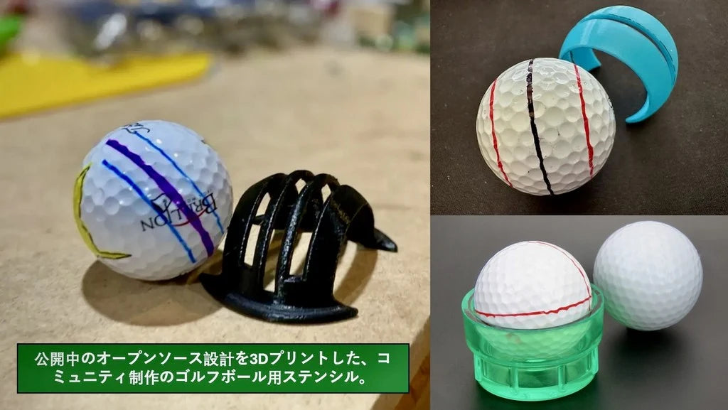 3Dプリントのコミュニティ製ステンシルと、かすれた手書きラインのボール